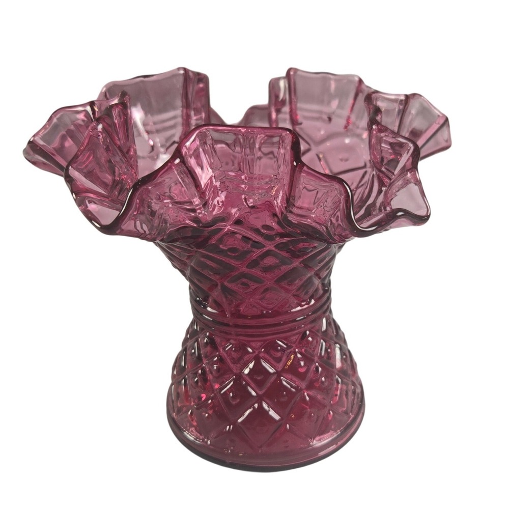 Vintage Cranberry Pink Glass Ruffle Vase Diamond Pattern Fenton Style Art Glass